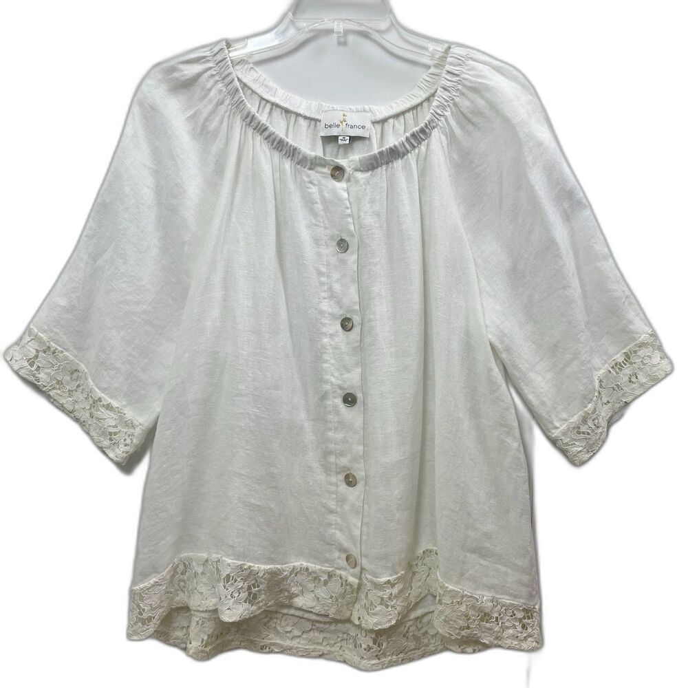 Belle France Boho White Linen Top with Lace Trim 3/4 Sleeve Boxy Sz Medium Italy